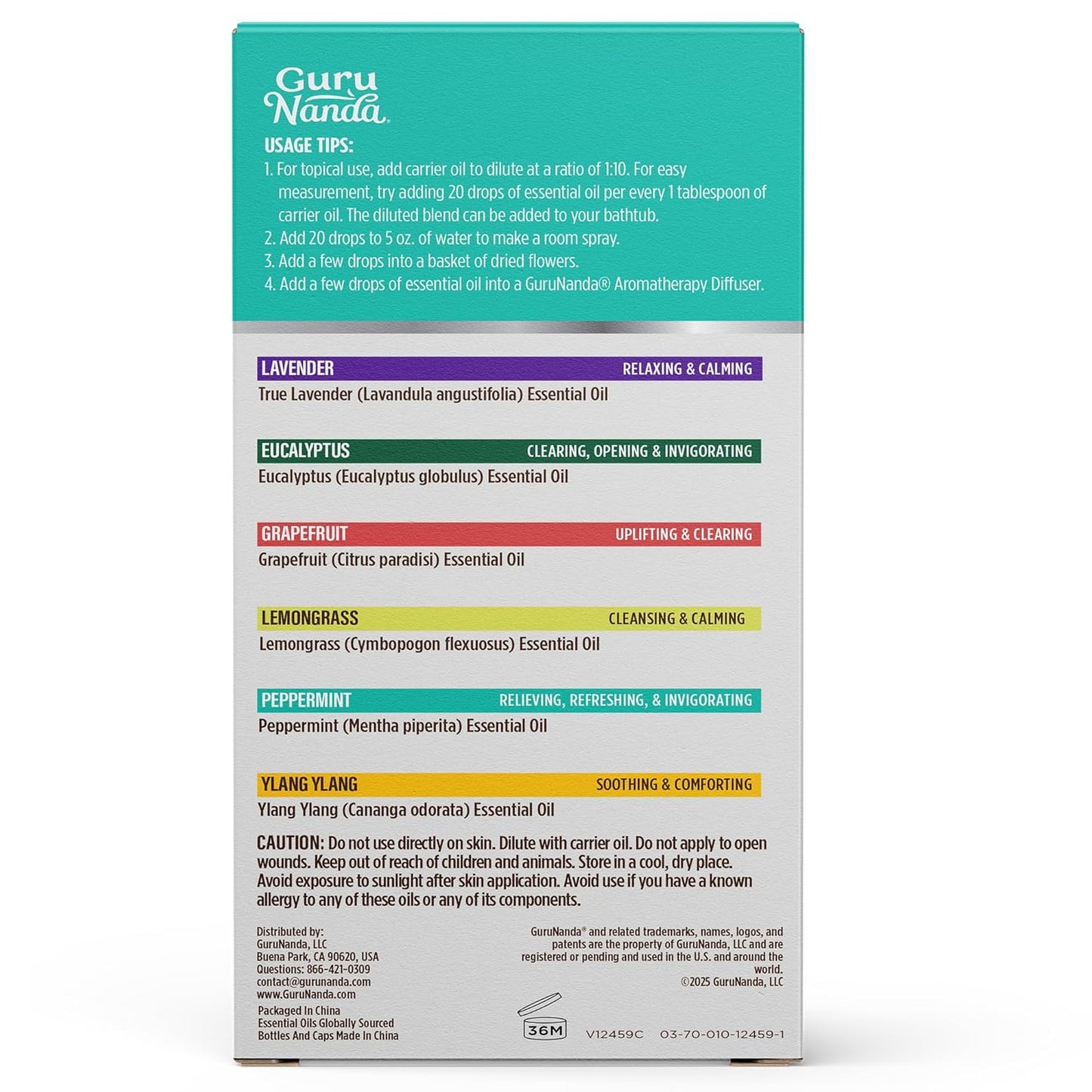 Guru Nanda (Set of 6) Therapeutic Grade Essential Oils - 100% Pure & Natural Aromatherapy Single Notes for Oil Diffusers & Topical Use - Lavender, Peppermint, Eucalyptus, Orange, Lemongrass, Cedarwood