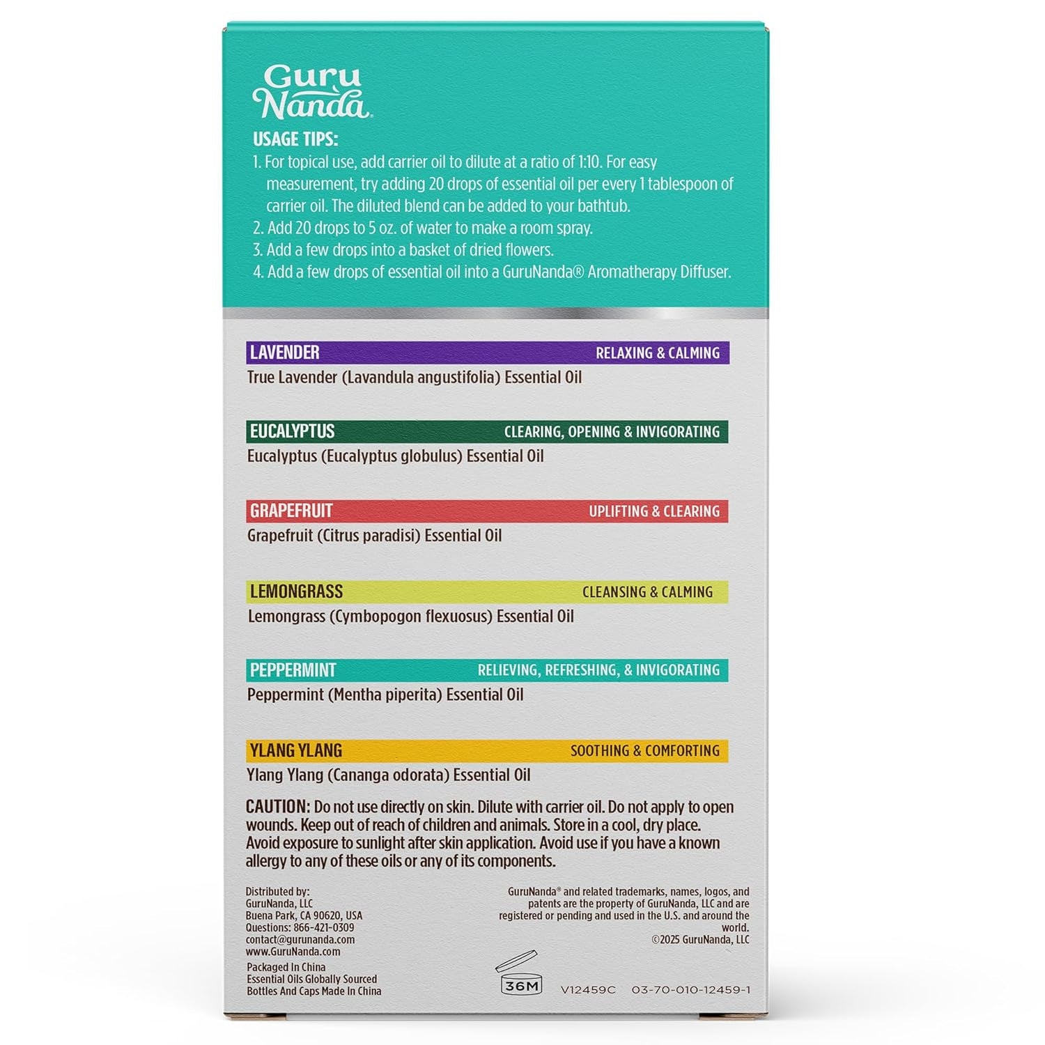 Guru Nanda (Set of 6) Therapeutic Grade Essential Oils - 100% Pure & Natural Aromatherapy Single Notes for Oil Diffusers & Topical Use - Lavender, Peppermint, Eucalyptus, Orange, Lemongrass, Cedarwood